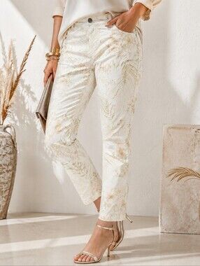 Marrakech Floral Print Slim Straight Pants Cotton Stretch Resort Coastal 29